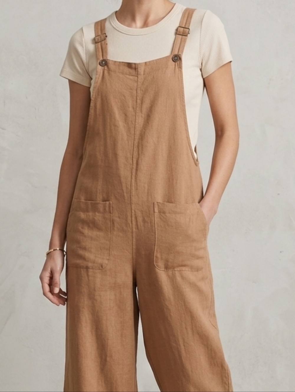 Bridge & Burn Tan Linen Blend Wide Leg Jumpsuit Overalls Medium